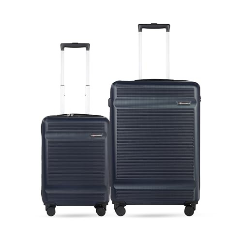 Image of SWISS MILITARY Pascal Hard Trolley Luggage Set of 2 (Cabin 55CM, Medium 68CM) PC Suitcases Anti-Theft Zippers with 3-Dial Combination Lock, 360 Spinner Wheel, Wet Pocket & Aluminium Handle Navy
