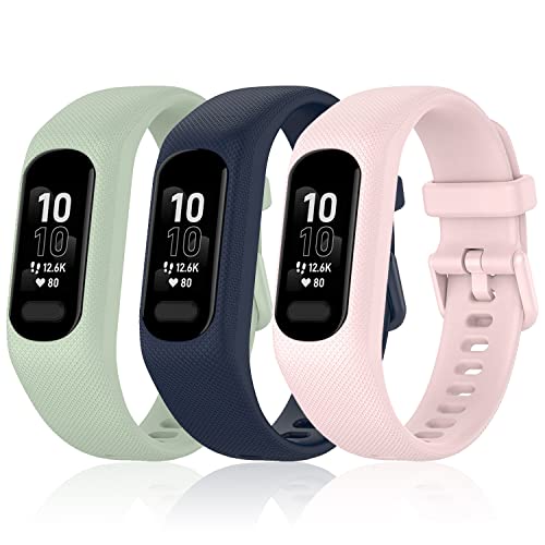 Image of Soft Silicone Bands Compatible with Garmin Vivosmart 5 Straps Replacement Wristbands with Secure Metal Watch Clasp Buckle Bracelet Band Case Cover for Women Men, 3 Pack
