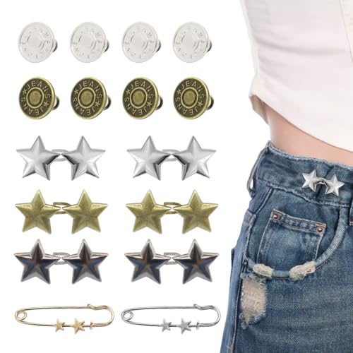 ROPAKED 16 Sets Buttons Pins for Loose Jeans Pant Waist Tightener No Sew Jeans Button Replacement Reusable Waist Cincher Clip Adjustable Pants Button Tightener Metal Star Brooch for Clothing