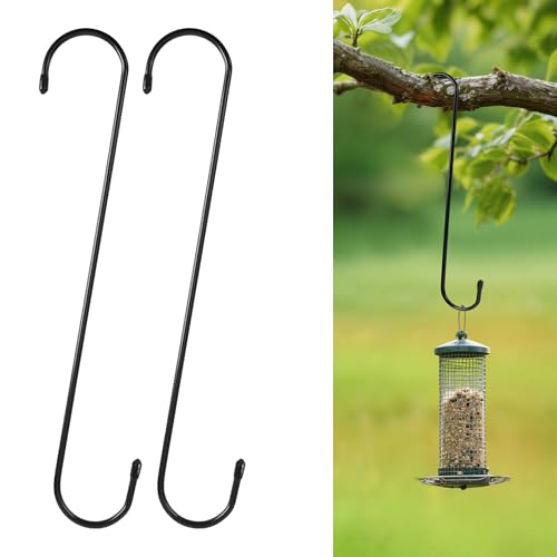 WWYICHEN 12 Inch Large S Hooks for Hanging Plants Black Metal Heavy Duty Long Hook for Hanging Bird Feeder Bird House Clothes Wind Chimes Flower Basket 2 Pack