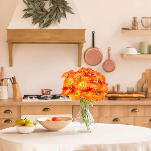 Image of CURATED CART Gerbera Daisy Flowers - Pack of 5 Orange Faux Blooms, 30cm Tall | Real Touch PU Petals with Bendable Green Stems | Artificial Flower Bouquet for Home, Kitchen, Office (Orange) (No Vase)