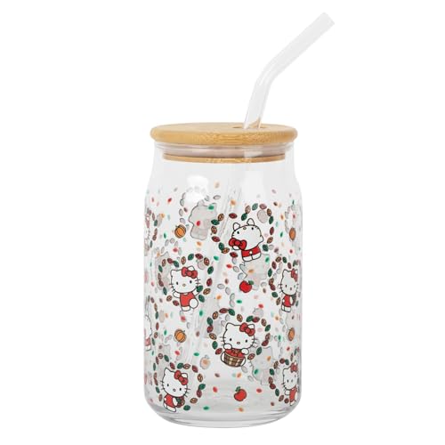 Sanrio Hello Kitty Fall Leaves Glass Tumbler With Bamboo Lid and Reusable Glass Straw | Holds 16 Ounces