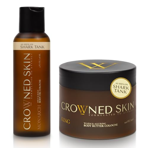 Crowned Skin King Body Butter Cologne and Body Oil Cologne Bundle | As Seen On Shark Tank | Skin Care Set with Warm Sandalwood & Leather Scent | Natural Shea & Mango Butter | All-Day Fragrance