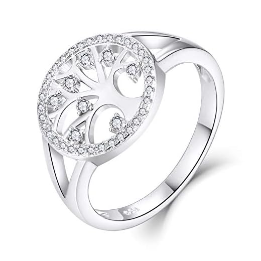 JO WISDOM Mujer Anillo de Compromiso de Plata de ley 925,Anillo Familia Árbol de la vida Yggdrasil Amuleto con Circonita AAA