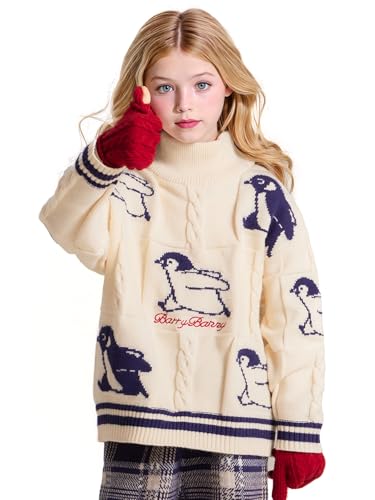 Girls Knit Turtleneck Sweater with Cartoon Penguin Print,Thick Warm Pullover Winter White Jumper for Kids 6-16Y