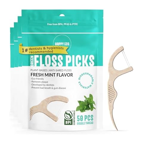 Biodegradable Floss Picks (200pcs) - Natural Dental Floss - Nontoxic Plant Based Floss Sticks for Adults & Kids - Vegan Tooth Pick Flossers - Double Thread Mint Cover
