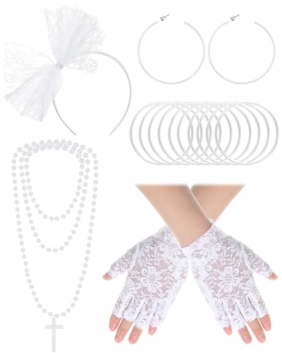 Blulu 80s Fancy Dress Costume Accessories Lace Headband Earrings Fishnet Gloves Necklace Bracelet for 80s Retro Party (White)