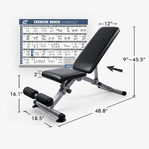 ToughFit Adjustable Workout Bench for Home, Flat/Incline/Decline Weight Bench for Garage Gym, Fast-Folding Bench for Strength Training - [Bonus] 1 Workout Poster with 35 Full-Body Exercises