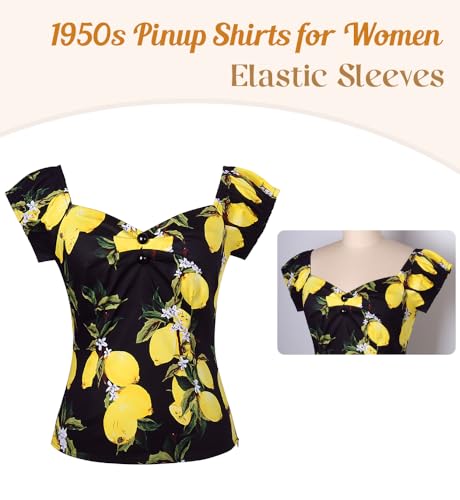 Image of YARN & INK Women's Rockabilly Tops 1950s Pinup Shirt Casual Off Shoulder Vintage Blouse