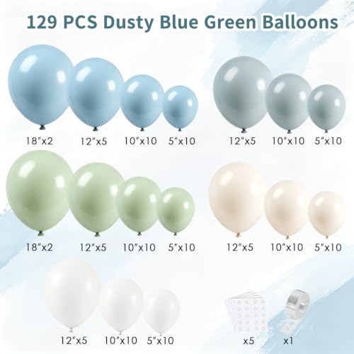 Image of 129 Pcs Dusty Blue Sage Green and White Balloon Garland Kit