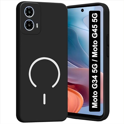 Image of SBMS Silicone Back Cover Case for Motorola Moto G34 5G / Moto G45 5G | Soft Micro-Fibre Lining Inside | Magsafe Print On Back Side Camera Protection Bump | Shockproof Case for Moto G34 5G (Black)