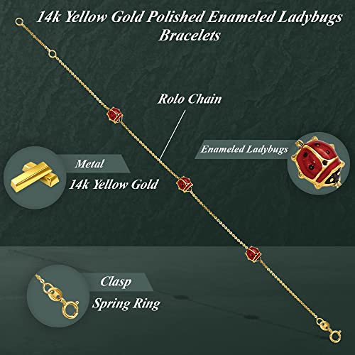 14K Yellow Gold Polished Enameled Ladybugs with .75" ext. Chain Bracelet 6.5"4