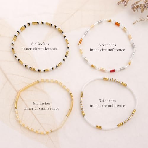 Tila Flat Beaded Bracelets Set for Women, 4Pcs Trendy Handmade Miyuki Glass Gold White Colorful Stack Beads Stretch Bracelet Festive Holiday Accessories Jewelry Gift.3