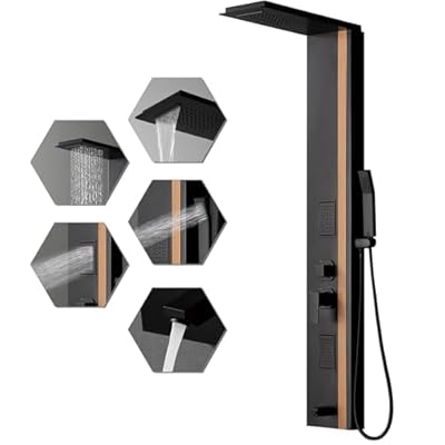BWE Shower Tower Bathroom Shower Panel System Stainless Steel Multi-Function Shower Panel with Rainfall Waterfall Shower Head Massage Jets Tub Spout, Black