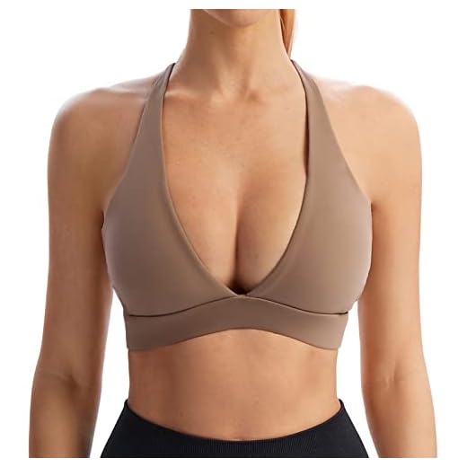 INIBUD Sports Bra for Women Push Up Strappy Workout Top Padded Deep V-Neck Triangle Bralettes with Support Gym(M,Brown)