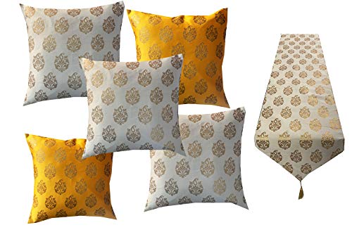 Pink parrot- Jacquard dopian Silk Multi Color Cushion Cover 5 pcs 16x16 inch and 1 pc Table Runner 12x70 inch-0AA152