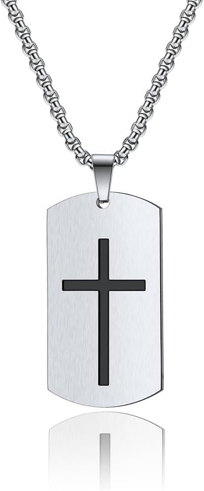 Cross Dog Tag Necklace for Men,Stainless Steel Black Silver Military Tag Bible Verse Inspirational Pendant Necklace Jewelry,60cm Rolo Chain