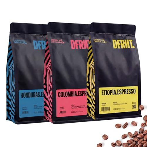 DFRNT. Café de Especialidad en Grano Colombia, Honduras y Etiopía | Pack Travesía | 3x250gr | Pack Degustación (86.75 Puntos SCA) Specialty Coffee 100% Arábica Ideal para Cafeteras Espresso