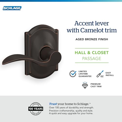 Image of Schlage F10 ACC 716 CAM Accent Door Lever with Camelot Trim, Hall & Closet Passage Lock, Aged Bronze