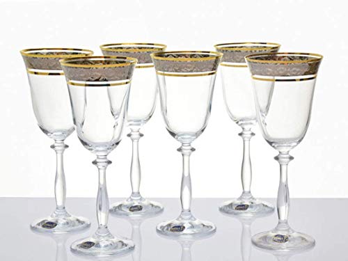 Bohemia Crystal Copas de Vino, Vino (Cristal, 6 Unidades, 250 ML, con Grabado Plata y Borde Doradas, Plomo 24%