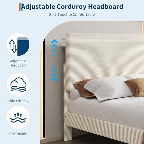 Image of GarveeLife Corduroy Upholstered Platform Bed Frame with USB Charging Station, Adjustable Storage Headboard, Wooden Slat Support, No Box Spring Needed, Easy Assembly,Twin Beige