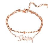 LONAGO Name Anklet Bracelet Personalized, Customize Name Plate Double Chain Anklet for Women Girl...