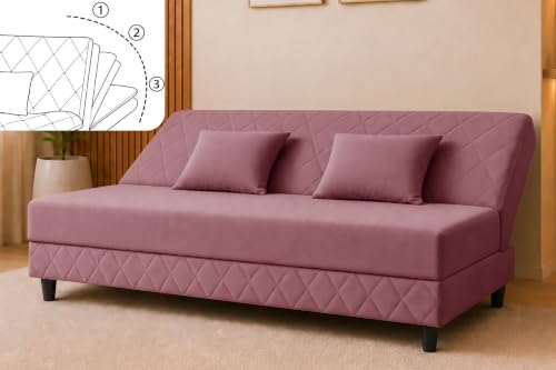 Image of Velvet Fabric Sofa Cum Bed | 3 Seater Sofa Bed | Premium Upholstered Folding Couch for Living Room, Guest Room & Bedroom | Quilted Backrest with 2 Cushions (Rose Pink)