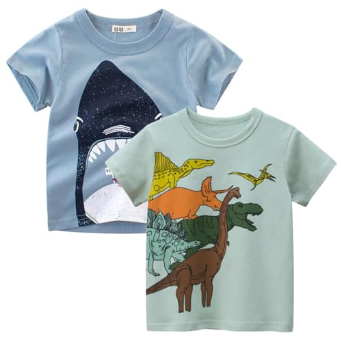 Toddler Boys Short-Sleeve Shirts Little Kids t Shirts Boys Tops Tees Dinosaur Shirt for 2-7 Years 2-Pack