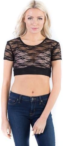 Halftee Short Sleeve Lace Crop Top - Modest - Comfortable Layering Top Black