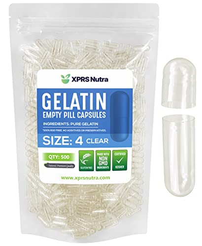 XPRS Nutra Size 4 Empty Capsules - 500 Count Small Clear Empty Gelatin Capsules - Pills DIY Capsule Filling - Fillable Pure Bovine Pill Gel Caps for Do-It-Yourself Supplements