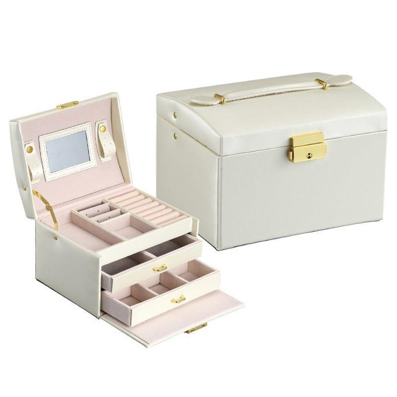 Aissiora アクセサリーケース 鏡付き 鍵付き 3層 ジュエリーボックス 収納ケース 高級宝石箱 2段引き出し 大容量 収納宝石箱 アクセサリーボックス PUレザー 取り外し可能 指輪 ネックレス イヤリング ピアス ブレスレットなど 小物入れ ブレスレット 結婚式 記念日 誕生日 プレゼント用 (ホワイト)