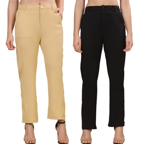 Image of Pack of 2 Women's Regular Fit Solid Cotton Blend Trousers - Soft, Breathable & Stretchable Bottom Wear for Office, Casual Outings & Daily Comfort
