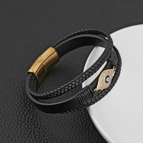 HZMAN 8.5Inch The Evil Eye Bracelet with Rhinestones Embedded In Genuine Leather for Men Black Leather Bracelet4