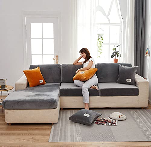 Housse de canapé en velours extensible orange pour coussin et méridienne - 4
