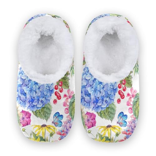Naanle Women's Slippers Watercolor Hydrangea Fuzzy Fleece Warm Comfy Bedroom Shoes Home Slippers with Anti-Slip Sole