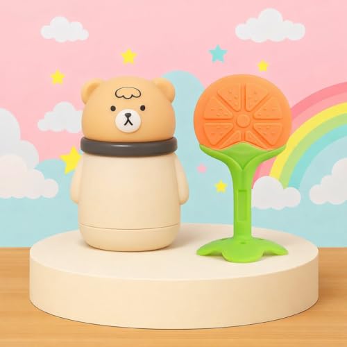 Image of 1 Baby Skin Care Powder Talcum Puff Case Cum Container Box With 1 Soft Silicone Fruit Shape Molar Teething Toy for Toddlers Kids and Infants BPA Free (DESIGN 205)