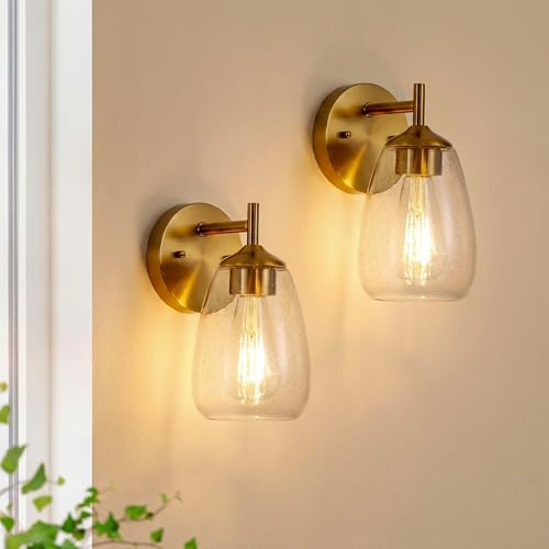 Tribesigns 1-Light Gold Bathroom Light Fixtures, Modern Wall Lights with Clear Glass Shades, Bathroom Vanity Gold Wall Sconce Lamp for Mirror, Bedroom, Living Room, Hallway, Cabinet (Set of 2)