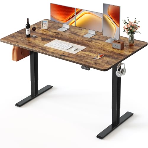 Image of FEZIBO Standing Desk, 55x28 Inches Electric Height Adjustable, Sit Stand Up, Computer Office Desk with Splice Board, Black Frame /Rustic Brown TOP