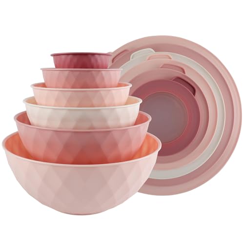 COOK WITH COLOR Mixing Bowls with Lids - 12 Piece Plastic Nesting Bowls Set includes 6 Prep Bowls and 6 Lids, Diamond Design - Microwave Safe (Mint)