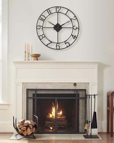 Large Wall Clock for Living Room, 24 Inch Black Metal Wall Clocks Battery Operated Silent Non-Ticking, Moden Industrial Decorative Skeleton Analog Indoor Outdoor Clock for Bedroom, Kitchen, Patio