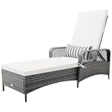COSTWAY PE Rattan Chaise Lounge Chair, 6 Gear Adjustable Recliner with Armrest & Pillow, Wicker Outdoor Furniture for Deck, Patio (1, Gray)