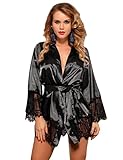 ohyeahlady Damen Morgenmantel Kimono Kurz Robe Satin-Seide Blumenspitzen V-Ausschnitt Bademantel Nachthemden mit Gürtel(3XL-4XL,Schwarz 2)