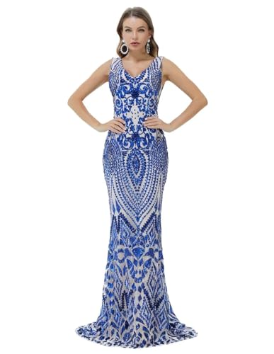 Image of Women's Wedding Bridesmaid Gown Sequined Mermaid V Neck Sleeveless Evening Dress