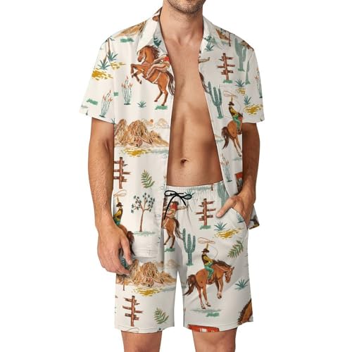 Ensemble chemise et short homme avec imprimé cheval western style décontracté
