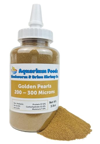 Aquatic Foods Inc. Golden Pearls 200-300 Microns for Tropical Fish Fry, Babies, Guppies, Tetras, Bettas, Nano Fish, for Corals, Anemones, Reef Tanks…3.8oz Squeeze Bottle