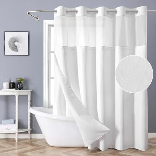 eachope White No Hook Shower Curtain with Snap-in Fabric Liner Set,Slub Textured...