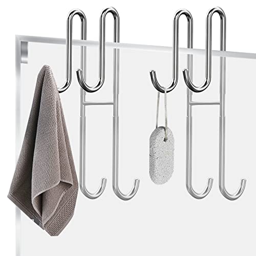 Vibbang 2 Pack Shower Door Hooks Hanging Bath Towel Hooks Extended Double Bathroom Hanger Stainless Steel Over Door Hooks for Frameless Glass Door Shower Screen Hook Shower Squeegee Hooks