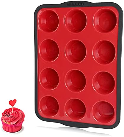 Aichoof Non-Stick Silicone Muffin Pan With Reinforced Stainless Steel Frame Inside,12 Cup Regular Muffin Baking Mold, 12 Cup Muffin Tin, BPA Free,Dishwasher Safe, Red