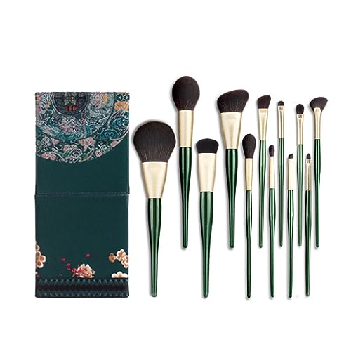 Pinceaux de maquillage manche en bois vert avec 12 accessoires teint et yeux