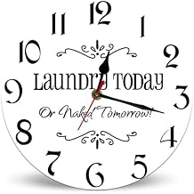Laundry Today Or Naked Tomorrow Wooden Clock 10in Silent Non-Ticking Battery Operated Wall Clock, Round Laundry Room Wall Clocks for Home Decor Living Room Kitchen Office